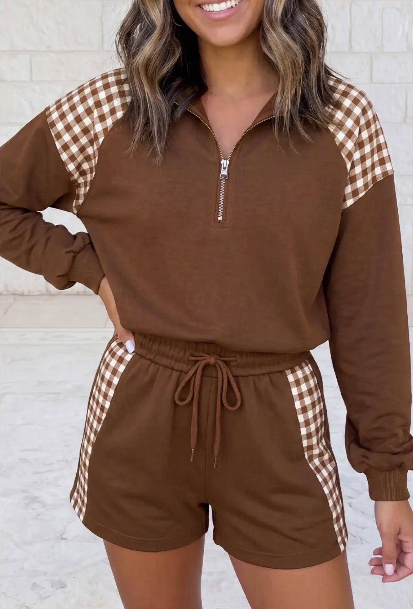 Gingham Short Set - Coffee
