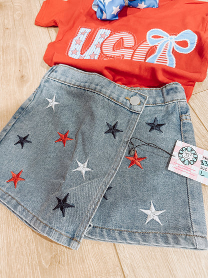 Star Embroidered Denim Skort