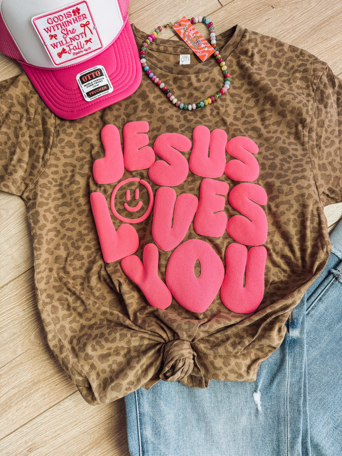 Puff Jesus Loves You Leopard Tee