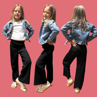 Girls Ribbed Wide Leg Pants - Black