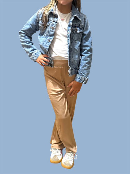 Girls Ribbed Wide Leg Pants - Latte