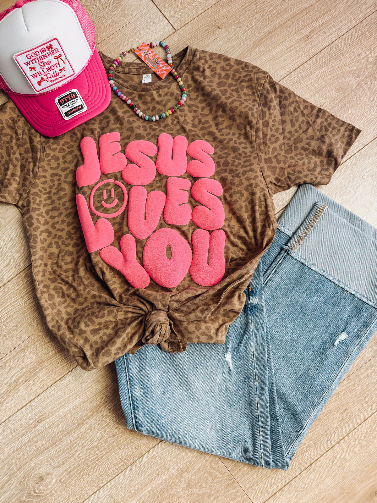 Puff Jesus Loves You Leopard Tee