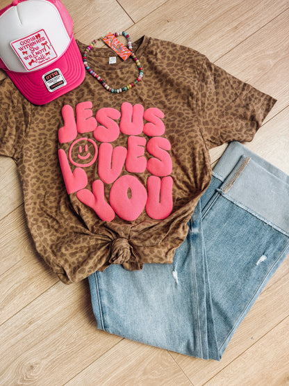 Puff Jesus Loves You Leopard Tee
