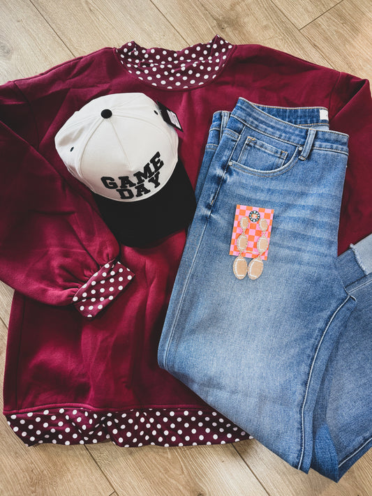 Maroon Polkadot Mockneck Sweatshirt