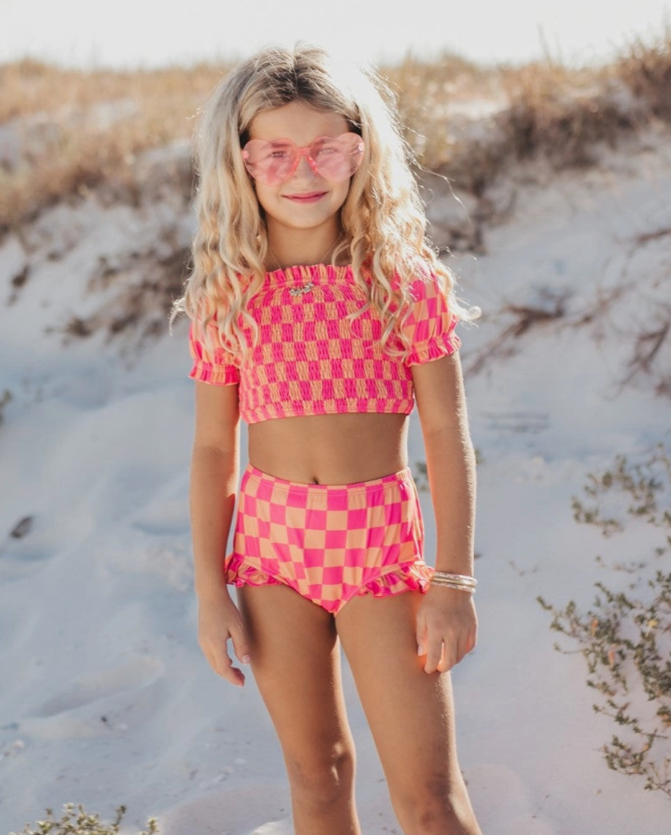 Hot Pink & Tangerine Check Swimsuit