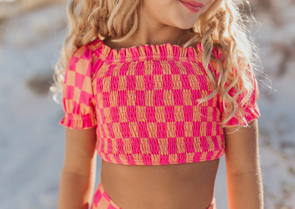 Hot Pink & Tangerine Check Swimsuit